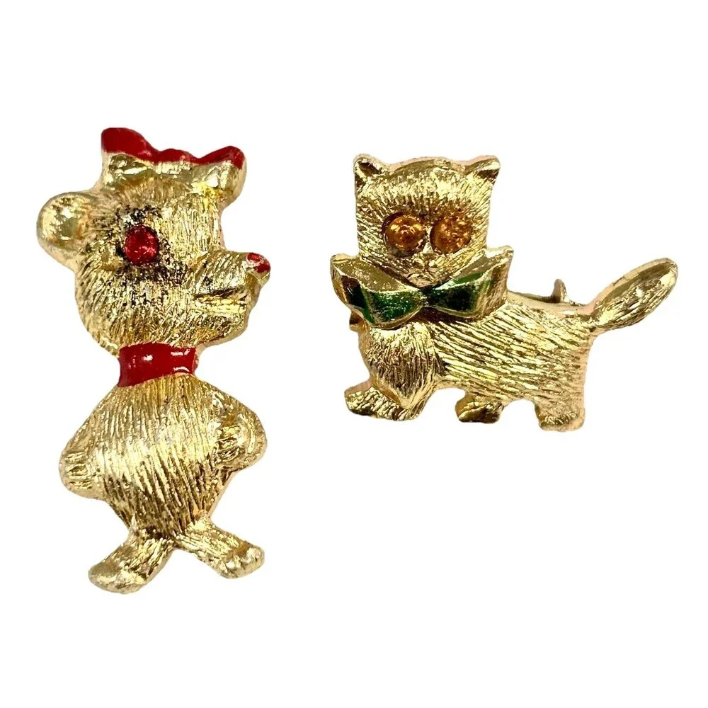 Vintage Hong Kong Cat Bear Brooch Pin Lot Gold Tone Rhinestone Enamel